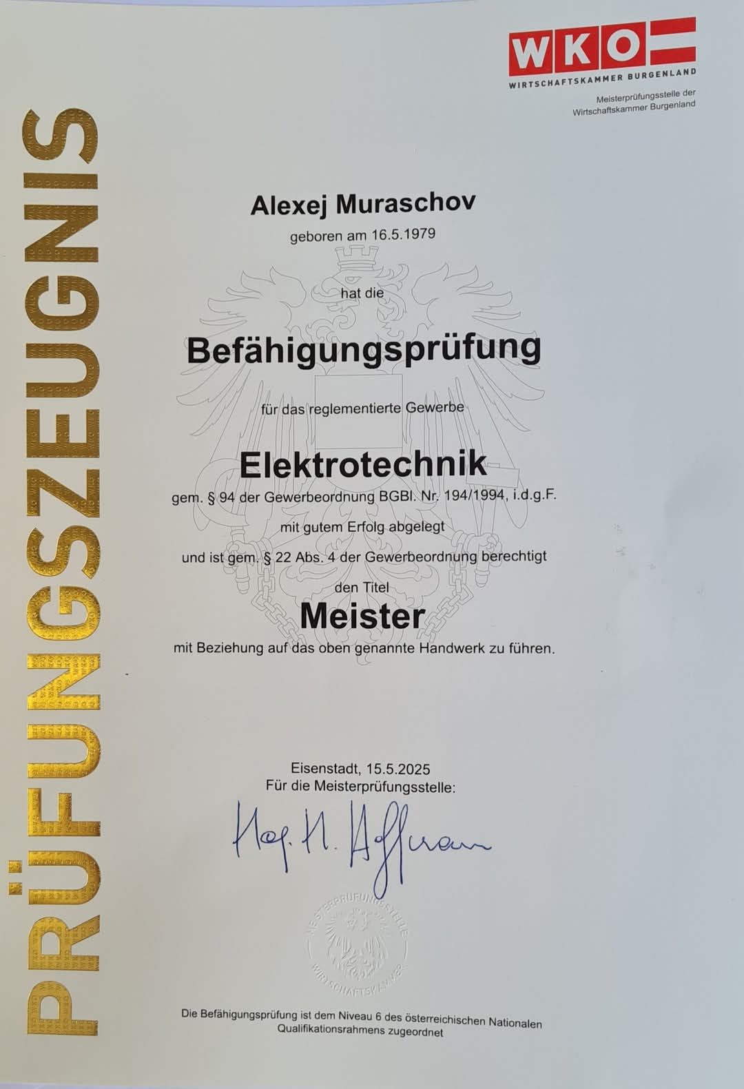 Infraheat - Über uns (seit 2011) 1 Alexej Muraschov Elektrotechnik Meister Prüfungszeugnis